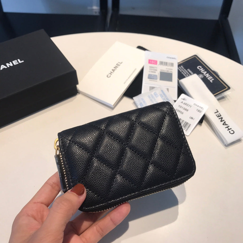 CHANEL ZIPPED COIN BASIC PURSE 11 BLACK CALFSKIN WITH GOLD ICON