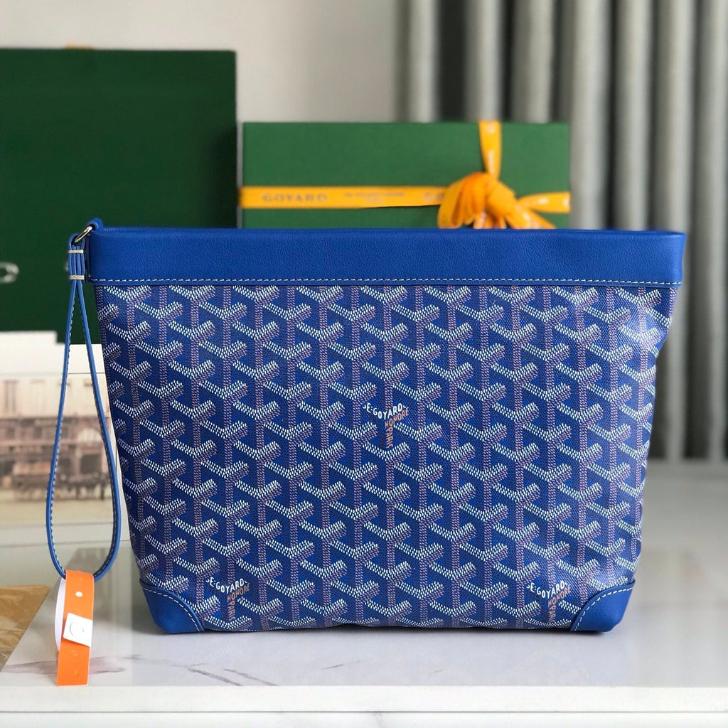 CONTI POUCH 24 IN SAPPHIRE BLUE LAMBSKIN AND GOYARDINE CANVAS