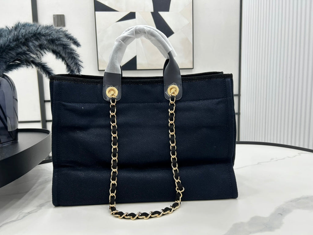 CHANEL DEAUVILLE LARGE 38 TOTE BAG IN BLACK CANVAS WITH GOLD EMBROIDERED LOGO