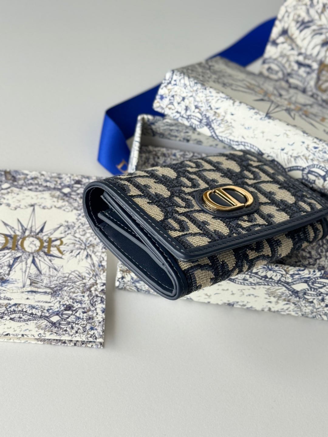 DIOR 25S CARO CARD HOLDER 11 IN BLUE CALFSKIN AND CANVAS GOLD HARDWARE
