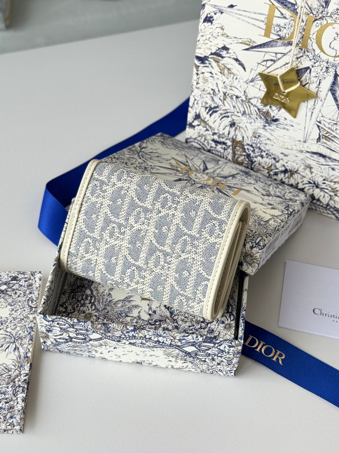 DIOR 25S CARO CARD HOLDER 11 IN LIGHT BLUE CALFSKIN AND CANVAS GOLD HARDWARE