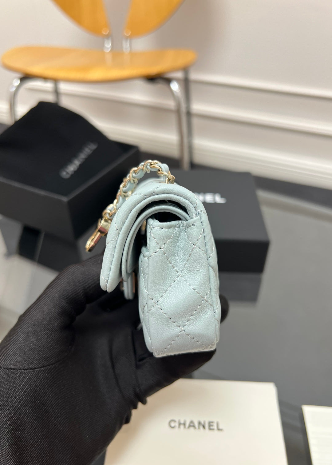 CHANEL 25S FLAP CHARM BAG 13 IN LIGHT BLUE LAMBSKIN