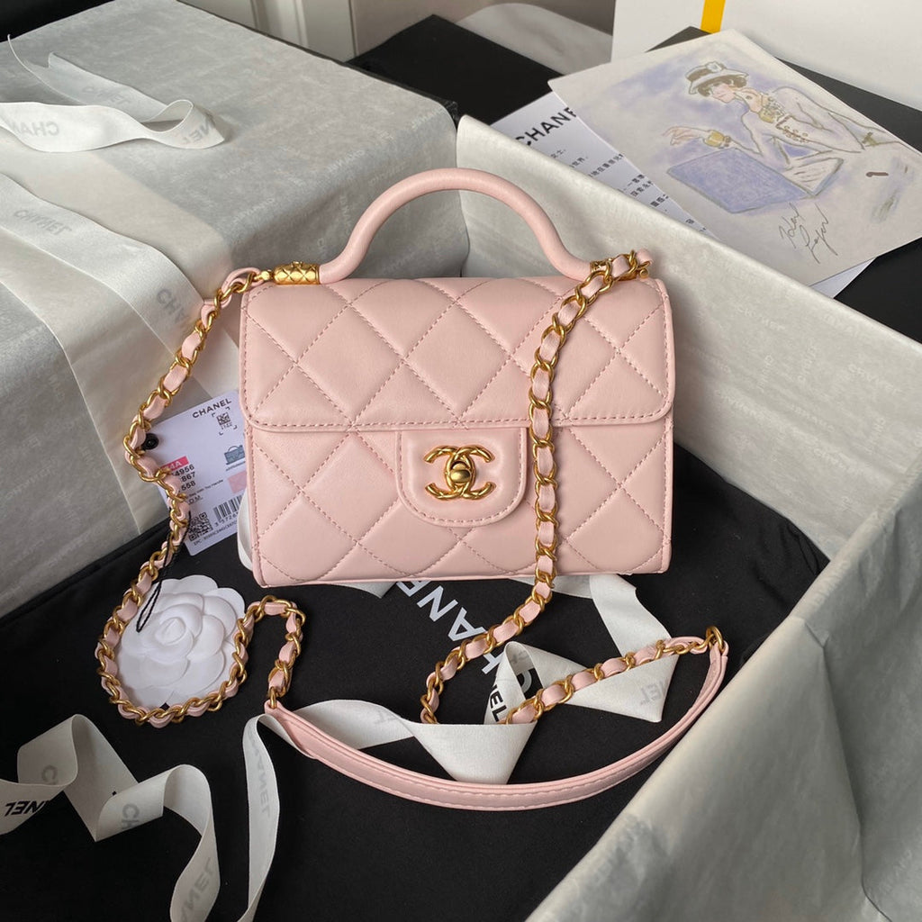 CHANEL 25S FLAP BAG 18 CM IN LIGHT PINK LAMBSKIN WITH TOP HANDLE