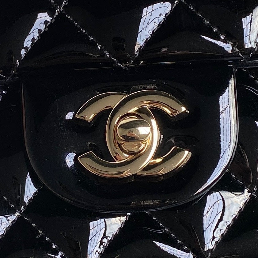 CHANEL 25S MINI FLAP BAG 20 IN BLACK PATENT CALFSKIN GOLD HARDWARE