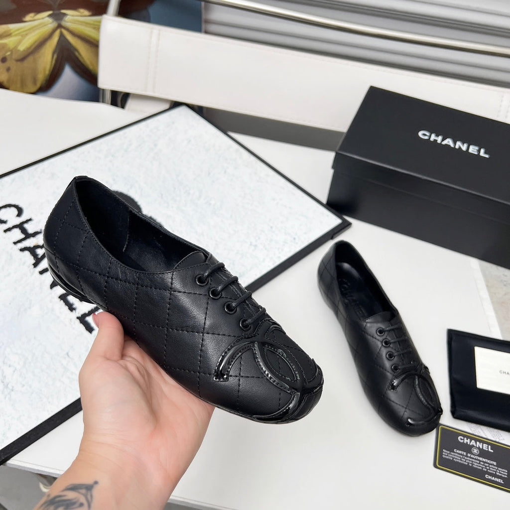 CHANEL 25S DANCE SHOES WITH PRINTED LOGO IN BLACK FULL CALFSKIN