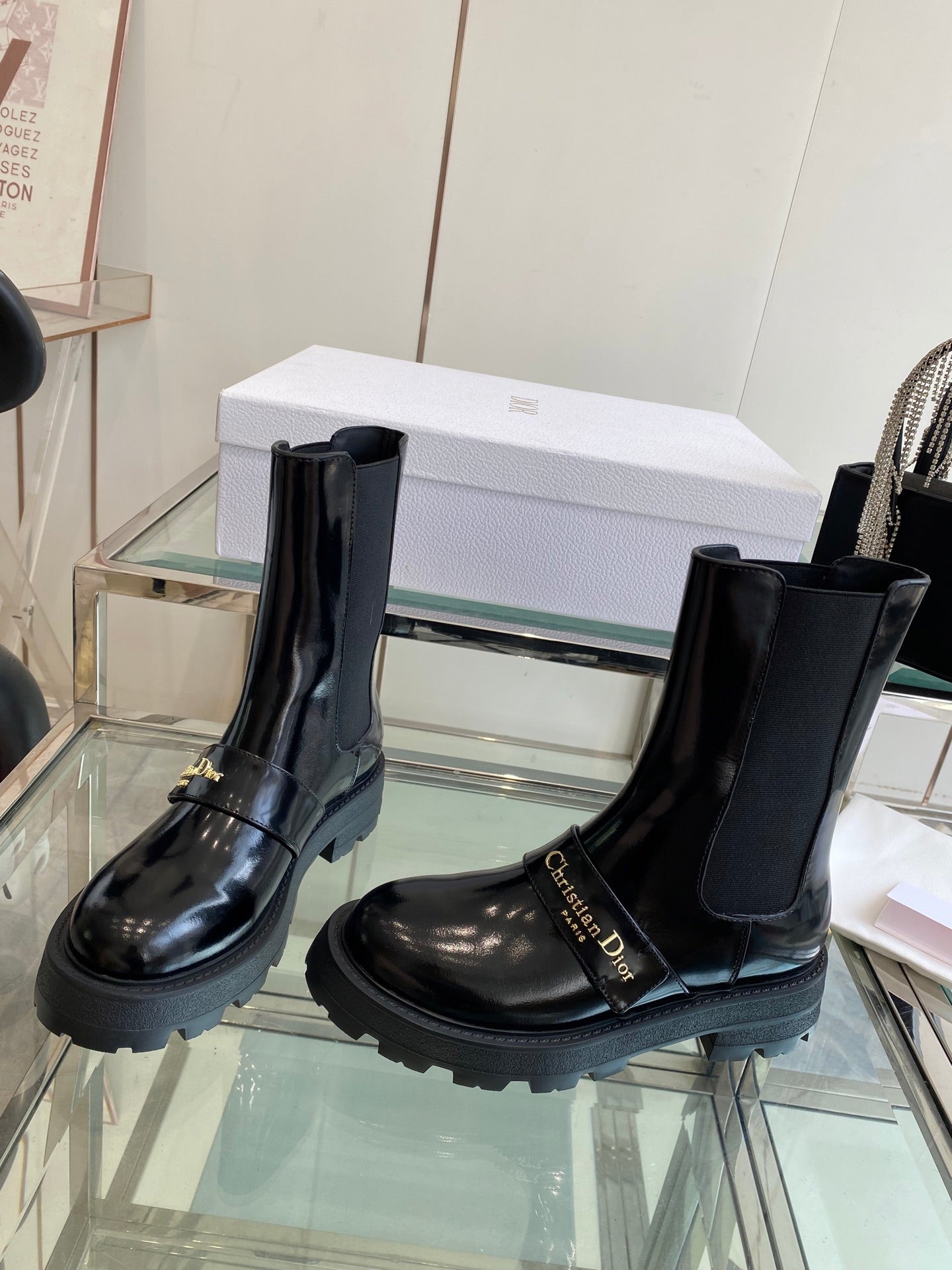 DIOR 25S D-QUEST ANKLE BOOT 35MM IN BLACK GLOSSY CALFSKIN GOLD HARDWARE