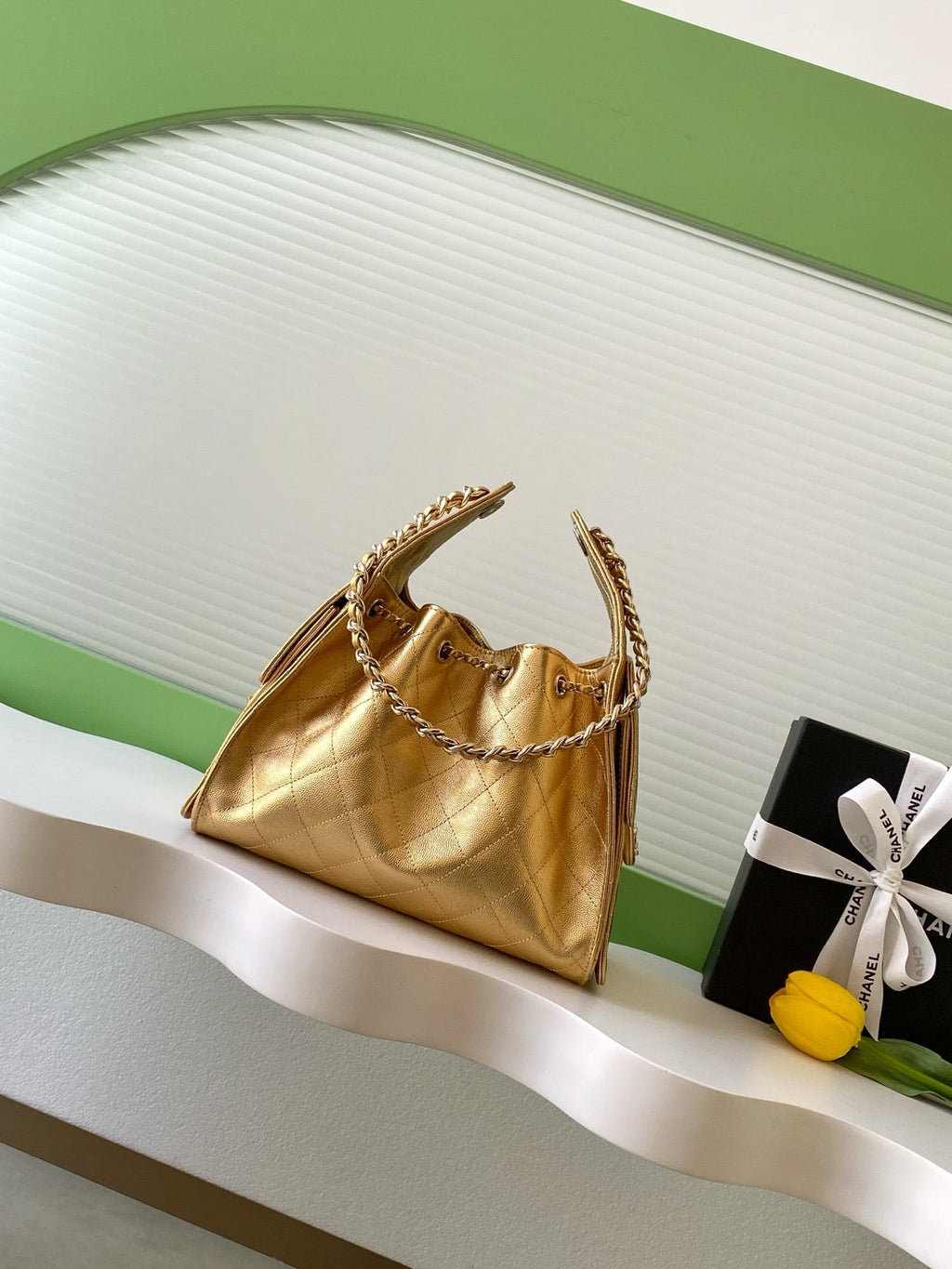 CHANEL 25S HOBO BAG 30 IN METALLIC GOLD CAVIAR LEATHER