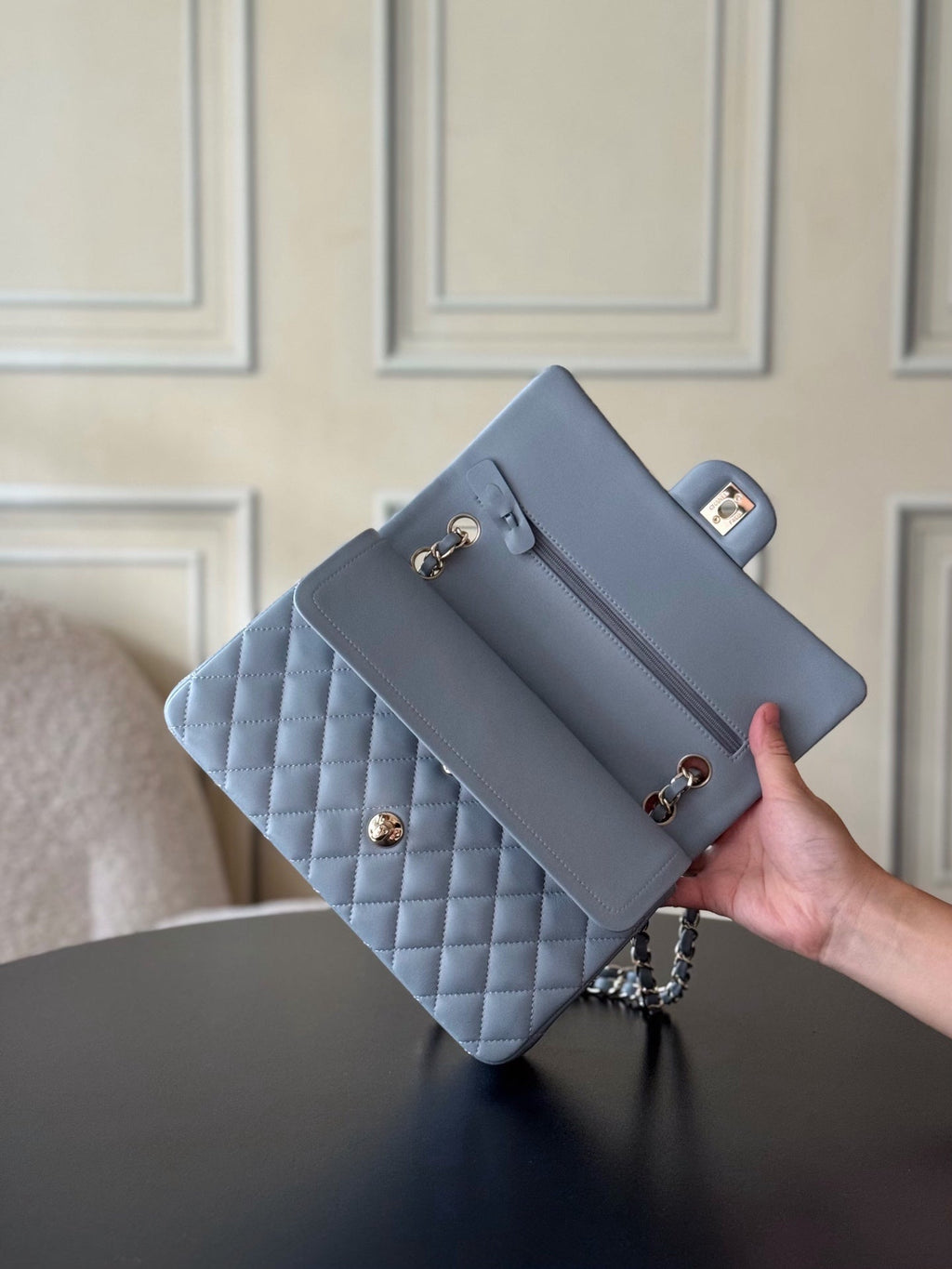 CHANEL 25S CLASSIC FLAP BAG 25 CM IN SLATE BLUE GRAY LAMBSKIN WITH GOLD HARDWARE
